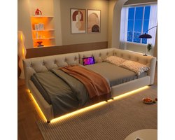 Sweiko Slaapbank - 90x200 cm - LED-verlichting - Gestoffeerd bed - USB+Type-C - Linnen - Beige
