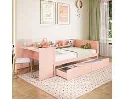 Sweiko Slaapbank - 90x200 cm - met Bureau + 2 Laden - Zonder matras - Roze