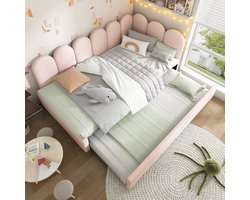 Sweiko Slaapbank - 90x200 cm - met Uitschuifbed - Kinderbed - Velvet - Zonder matras - Roze