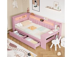 Sweiko Slaapbank - 90x200 cm - USB-poort - LED-verlichting - Met bureau - 2 lades - Kinderbed - Roze