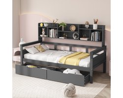 Sweiko Slaapbank 90x200cm, Kinderbed, met lades en planken, Platte noedelslijst, wieg, jeugdbed, eenpersoonsbed, massief houten bed, Grijs (zonder matras)