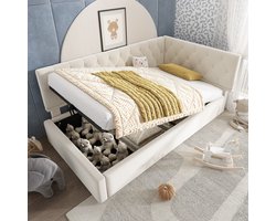 Sweiko Slaapbank - 90x200cm - met hydraulische opbergruimte - Velvet - zonder matras - Beige