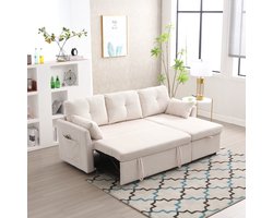 Sweiko Slaapbank - Opbergruimte + uitschuifbaar bed - L-vormige bank - Hoekbank - Beige