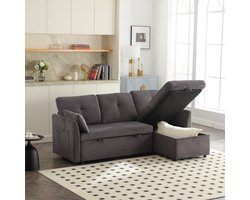 Sweiko Slaapbank - Opbergruimte + uitschuifbaar bed - L-vormige bank - Hoekbank - Donkergrijs