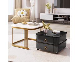 Sweiko Stapelbare salontafel, Woonkamer tafel, Hoogglans marmer uiterlijk en glazen tafelblad, Zwarte tafelpoten, bijzettafel, set van twee laden