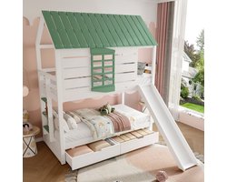 Sweiko Stapelbed - 90 x 200 cm - met Glijbaan - 2 lades - Huisbed - Wit + groen