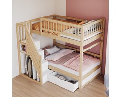 Sweiko Stapelbed - 90 x 200 cm - Veiligheidshek - Opbergruimte - met Lade - Wit + Natuurlijk
