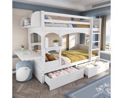 Sweiko Stapelbed - 90*200 cm - Kinderbed - Opvouwbaar bureau - 2 lades - Massief hout + MDF - Wit