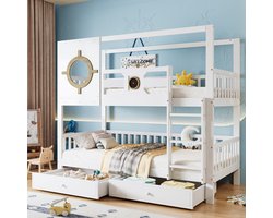 Sweiko Stapelbed, kinderbed, kinderbed met dak en raam, met valbeveiliging, stevig hekwerk, twee laden met wielen, veel opbergruimte, grenen+MDF, wit+natuur, 90x200cm