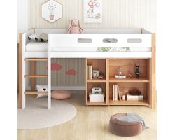 Sweiko Stapelbed met opbergruimte en beweegbare kast, stapelbed met drie niveaus rechthoekige trap, massief houten bedframe, met valbeveiliging, denne+MDF, naturel+white, 90x200 cm