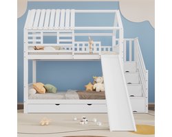 Sweiko Stapelbed met trap en glijbaan, Huisbed, trap met bergruimte, frame van dennenhout en MDF, Kinderbed met raam en dak, met valbeveiliging rooster en lade, Wit, 90x200cm