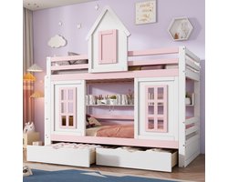 Sweiko Stapelbed, Prinsessenbed, 90*200cm Kinderbed, kinderbed met dak en raam, met veiligheidsrails, stevige rails, twee laden op wieltjes, open schappen, veel opbergruimte, grenen + MDF, Wit + Roze
