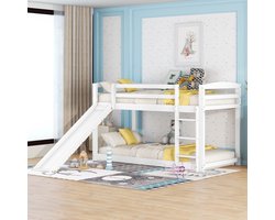 Sweiko Stapelbed voor Kinderen en Tieners, Kinderbed met Glijbaan, massief houten frame, eenvoudige installatie, 90x200cm, Wit