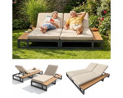 Sweiko Tuin chaise longue - Set van 2 - Met plank - Ligbed - Verstelbare rugleuning - Beige