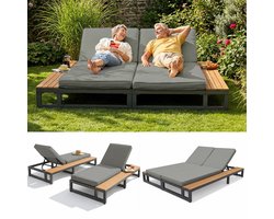 Sweiko Tuin chaise longue - Set van 2 - Met plank - Ligbed - Verstelbare rugleuning - Grijs