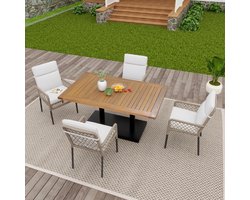 Sweiko Tuin dining loungeset - 4 stoelen + eettafel - Acaciahouten tafelblad - PE rotan - Metalen frame - Wit + natuurlijke