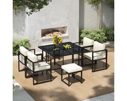 Sweiko Tuin Dining Loungeset - 7-Delig - Glazen Tafelblad - 4 Fauteuils + 2 Krukken - Met Kussens - Beige