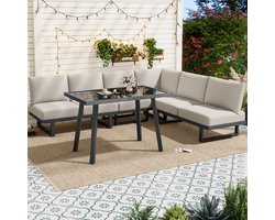 Sweiko Tuin dining loungeset - Hoekbank - Modulair ontwerp - Met eettafel - Gegalvaniseerd staal - Grijsbruin + Zwart