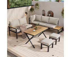 Sweiko Tuin Dining loungeset - Set van 4 - Hoekbank + 2 Hocker + Eettafel - Kunststof blad + Gegalvaniseerd staal - Met plank - Grijs