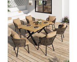 Sweiko Tuin Dining Loungeset - Tafel + 6 stoelen - Metalen frame - Gevlochten rugleuning - 12 kussens - Kaki