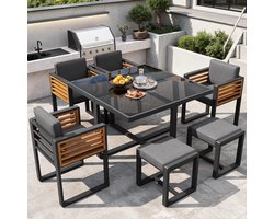 Sweiko Tuin diningset - Eettafel + 4 fauteuils - Inclusief 2 krukken - Glazen tafelblad - Metalen frame - Zwart + Grijs