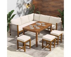 Sweiko Tuin Diningset - Hoekbank - Met eettafel - Voor 7-8 personen - 3 krukken - Acaciahout frame - Beige + Naturel