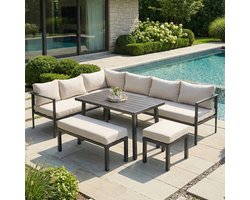 Sweiko Tuin Diningset - Hoekbank - Voor 9 personen - Met eettafel - Metalen frame - Houten tafelblad - Met kussens - Beige