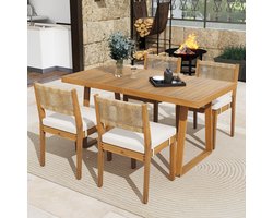 Sweiko Tuin dinning loungeset - Eettafel + 4 stoelen - PE rotan - Acaciahouten tafelblad - Met afneembare kussens - Natuurlijk + Beige