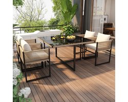 Sweiko Tuin eetgroep 5 pcs. Zitgroep met 1-eettafel, 4-stapelbare stoelen, (tuinset, 5-delig, zitset), fijn touw, strijkijzer, tafelblad van 5mm dik veiligheidsglas