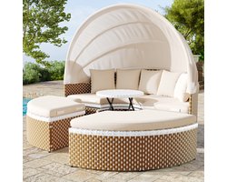 Sweiko Tuin Lounge fauteuil set, zonneeiland, rotan tuin tafel en stoelen set, Shell tuin lounge fauteuil bed, uitschuifbare luifel, liftable tafelblad, beige, inclusief alle kussens en zitkussens