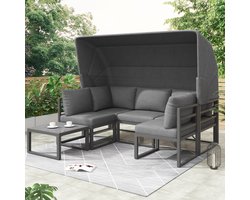 Sweiko Tuin lounge stoel set, ijzeren sun eiland sofa set, bank, kruk en tafel met luifel, 4-delige set, lounge meubels voor balkon en tuin, terrasmeubelen, weerbestendig, grijs, inclusief alle kussens