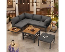 Sweiko Tuin loungeset - 2 x 2 zitsbanken - 1 x heftafel - met bijzettafel + hocker - Gegalvaniseerd ijzeren frame - Met zitkussens en kussens - Grijs