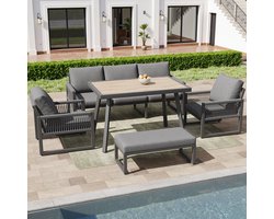 Sweiko Tuin Loungeset - 3-zits tuinbank - Met eettafel - 2 fauteuils - Weerbestendige terrasmeubelset - Grijs