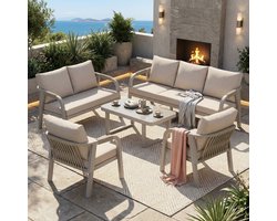 Sweiko Tuin loungeset - 3-zitsbank + 2-zitsbank + 2 fauteuils + Salontafel - Glazen tafelblad - Metalen frame - Beige