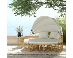 Sweiko Tuin Loungeset - 4-delige set - Uitschuifbare luifel - Met 5 kussens - Rotan look - 178 B x 85 D x 66.5 H cm - Beige