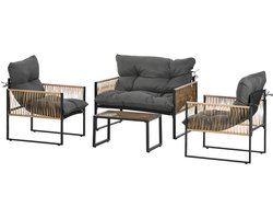 Sweiko Tuin loungeset - 4 stuks - Bank + 2 stoelen + tafel met glazen blad - Metalen frame + polyrotan - Grijs