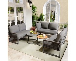 Sweiko Tuin loungeset - 6 zits meubelset - Met gegalvaniseerd ijzeren frame - Hoekbank - Verstelbare poten - Met zitting + kussens - Grijs