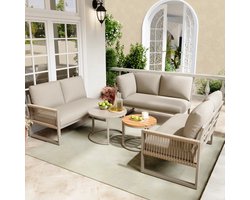 Sweiko Tuin loungeset - 6 zits meubelset - Met gegalvaniseerd ijzeren frame - Hoekbank - Verstelbare poten - Met zitting + kussens - Kaki