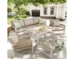 Sweiko Tuin Loungeset - 7 zitplaatsen - Metalen frame - Met kussens - Glazen tafel - 2 fauteuils - Beige