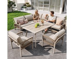 Sweiko Tuin Loungeset - 8 zitplaatsen - Metalen frame - Met kussens - Glazen tafel - 2 fauteuils - Beige