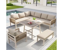 Sweiko Tuin Loungeset - 8 zitplaatsen - Metalen frame - Met kussens - Glazen tafel - Fauteuil - Beige