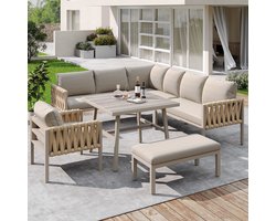 Sweiko Tuin Loungeset - Gegalvaniseerd ijzeren frame - Hoekbank - Tafelblad van gehard glas - Zitkussens + kussens - Beige