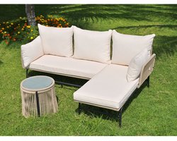 Sweiko Tuin loungeset - Gemaakt van een ijzeren frame en een touwhoes - Met tafel - Hoekbank - Met kussens - Beige