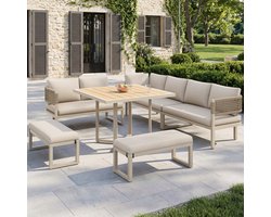 Sweiko Tuin loungeset - Hoekbank + Eettafel + 2 bankjes - Vlechtwerk armleuningen - Inclusief kussens - Beige