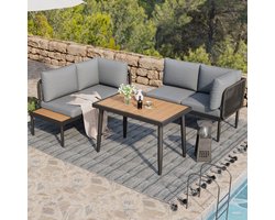 Sweiko Tuin loungeset - Hoekbank + Eettafel - Buizen van gegalvaniseerd staal - Plastic houten tafelblad - Met kussens - Grijs