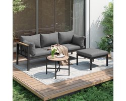 Sweiko Tuin loungeset - Hoekbank + salontafel + hocker - Gegalvaniseerde stalen buis - Houten tafelblad - Grijs