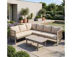 Sweiko Tuin loungeset - Hoekbank + salontafel - Metalen frame - Glazen tafelblad - Modulair - Kaki