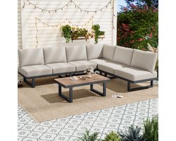 Sweiko Tuin loungeset - Hoekbank + Salontafel - Om te bouwen tot chaise longue - Staal gegalvaniseerd - Grijs