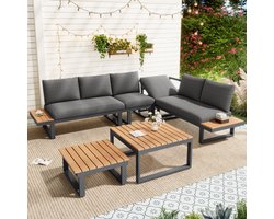 Sweiko Tuin loungeset - Met 2 salontafels - Verstelbare armleuningen - Metalen frame - Kunststof tafelbladen - Grijs