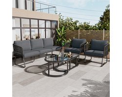 Sweiko Tuin loungeset met gegalvaniseerd ijzeren frame, tuinmeubelset van touw, grijs touw, verstelbare voeten, glad glazen tafelblad, 5-delige set, inclusief alle zit- en rugkussens